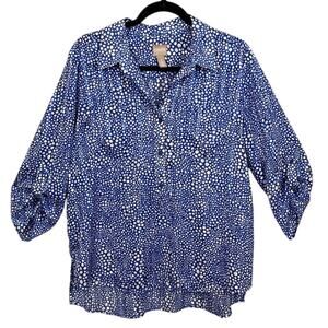 Chico's Satin Pullover Blouse Blue Abstract Dots Size 2 US L Normcore Officecore